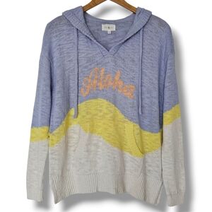 Lou & Grey Aloha Hooded Sweater Kangaroo Pocket Size S Blue Yellow Beach Resort
